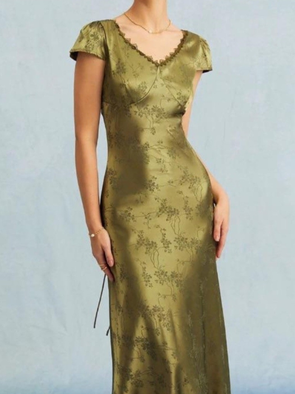 Rihoas Olive Green Satin Cap-Sleeve Slip Dress Sz L